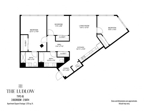 Floor plan for 3 beds, 2 baths, 1212 sqft